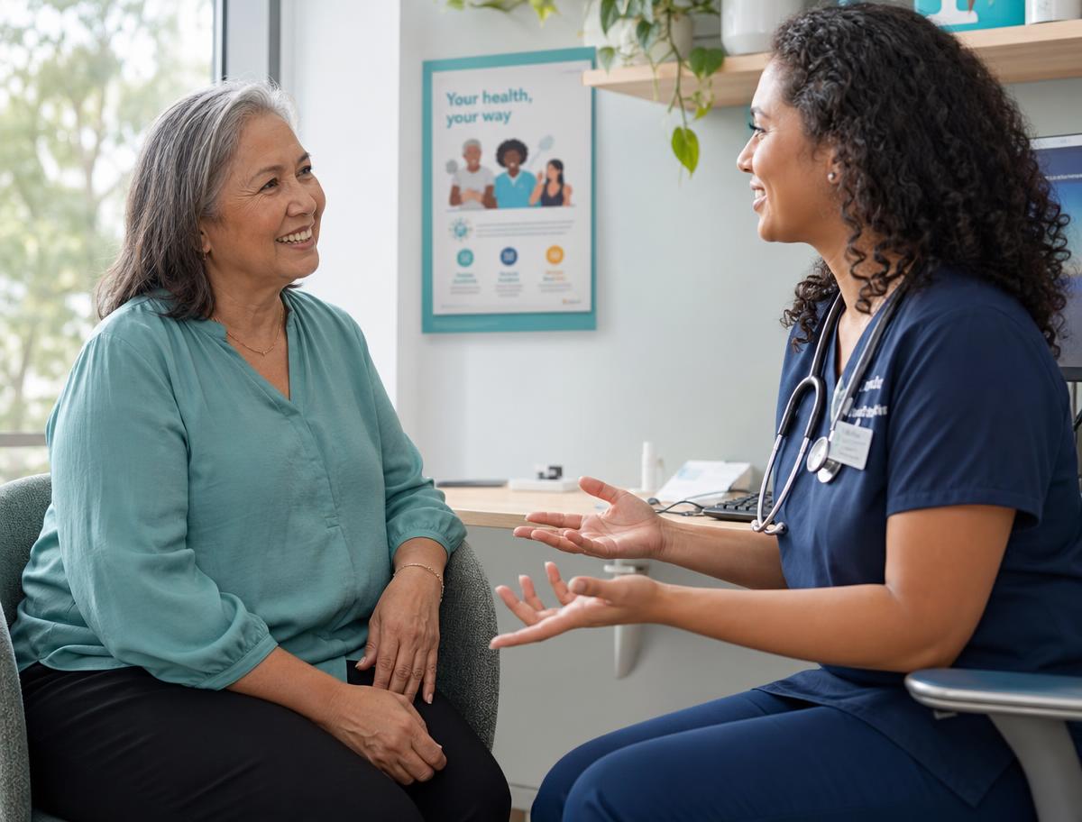 An Australian patient in warm conversation with a compassionate clinician